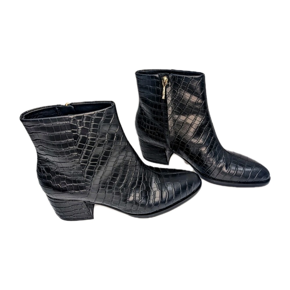 J.‎ McLaughlin Gwyneth Leather Bootie Size 8 Croc-Embossed Black Heel Gold Zip